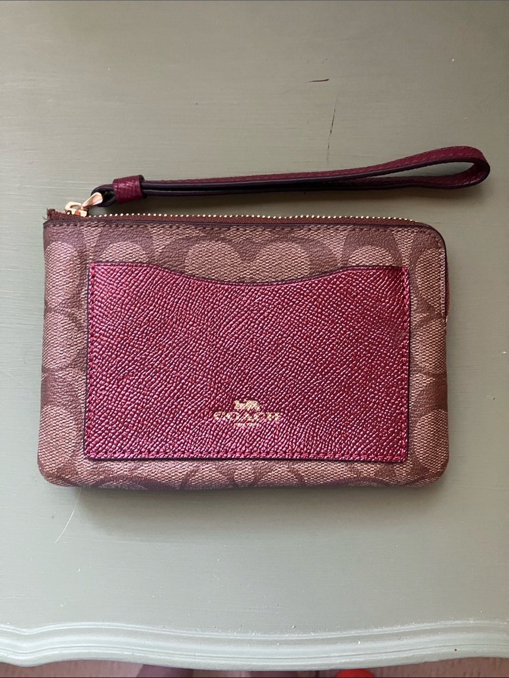 Coach Corner Zip Wristlet w Metallic Cherry front slip pocket EUC 6”x4”